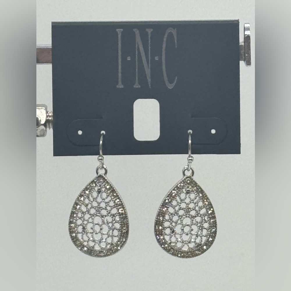 INC Silver Tone Filigree CZ Crystal Tear Drop Dangle earrings